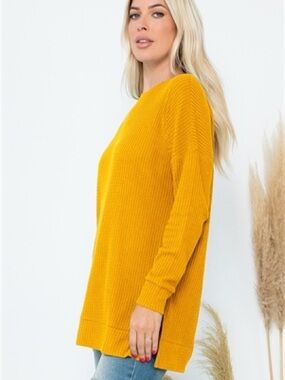 Cozy Mustard Ribbed Knit Sweater Tunic for Women